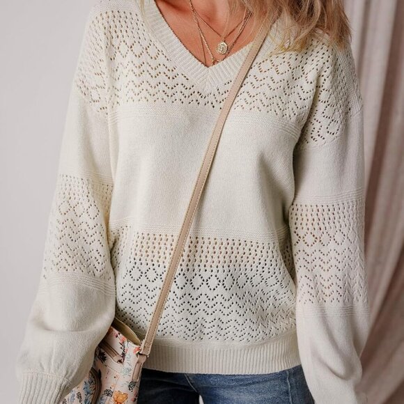 Women's Sweaters Casual Long Sleeve V Neck Lightweight Crochet Pullover Sweater - Picture 3 of 8